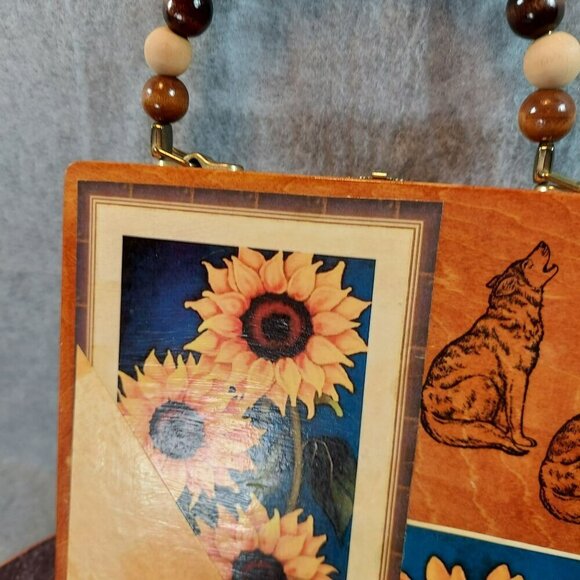 Handmade Wooden Purse With Nature-Inspired Wolf & Landscape Artwork Beaded Handl - Picture 15 of 16